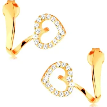 Náušnice Náušnice ze žlutého 14K zlata - zvlněná stuha s třpytivou konturou srdce