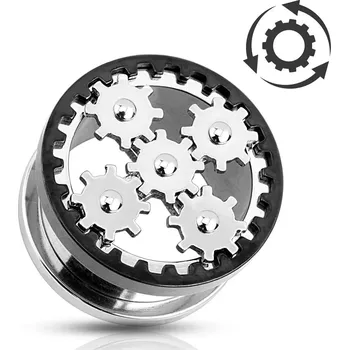 Piercing Tunel do ucha, ocel 316L stříbrné barvy, točící se ozubená kolečka - Tloušťka : 16 mm