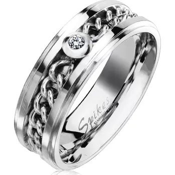 Prsten Ocelový prsten ve stříbrném odstínu s řetízkem a čirým zirkonem, 7 mm - Velikost: 67