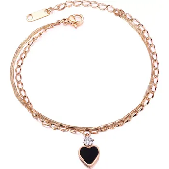 Náramek Ocelový náramek s černým srdíčkem a zirkonem, zdvojený řetízek, měděná barva