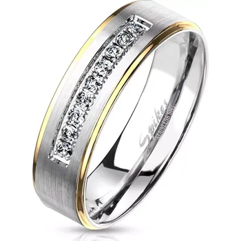 Prsten Dvoubarevný ocelový prsten, stříbrný a zlatý odstín, čiré zirkony, 6 mm - Velikost: 49