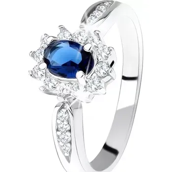 Prsten Zásnubní prsten ze stříbra 925, tmavě modrý oválný zirkon, čirý lem - Velikost: 61