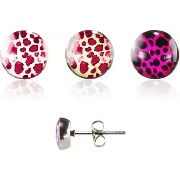 Náušnice Kulaté ocelové náušnice - barevný leopardí vzor s čirou glazurou - Barva: Bílo - Červená