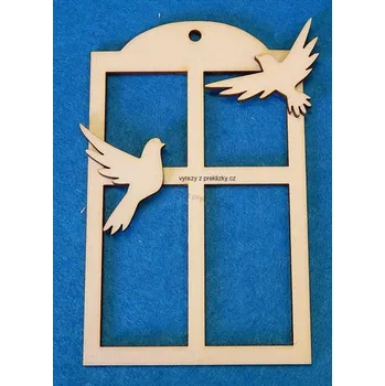 Stavební deska Výřez z překližky, S27, OKNO S HOLUBIČKAMI-velké, 7,5x12cm, 1ks