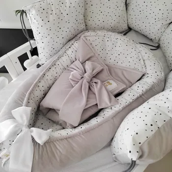 Hnízdečko pro miminko Set do postýlky Mimoušek 3-dílný černé tečky na bílé velvet šedá