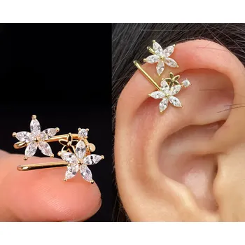 Náušnice B-TOP Náušnice na jedno ucho se zirkony Flowers Druh barvy: Zlatá