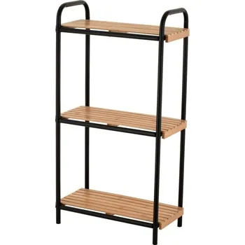 regál Erga Mike, kovový koupelnový třípolicový regál pro postavení 41,5x11x77 cm, černá-přírodní hnědá, ERG-YKA-P.MIKE
