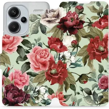 Pouzdro na mobilní telefon Flipové pouzdro Mobiwear - Xiaomi Redmi Note 13 Pro Plus 5G - MD06P Růže a květy na světle zelené (Knížkové flip pouzdro, obal, kryt na mobil Xiaomi Redmi Note 13 Pro Plus 5G - MD06P Růže a květy na světle zelené, materiál Umělá kůže + TPU - ochrana 360°,