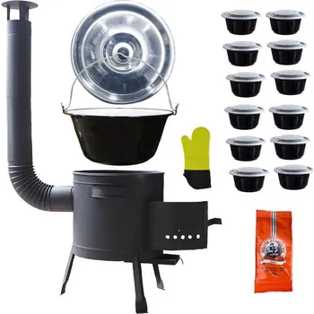 Kempingové nádobí Smaltovaný kotlík 22 L (1,2 mm) + plastové boxy (misky) s víkem 12 ks + pepř na guláš 100 g + nízká žáruvzdorná kotlina (1,5 mm) 42 PLUS 600 + silikonová rukavice do 220 C°