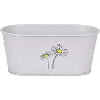 Květináč Plechový oválný květináč šedý s kopretinou 12,7x28,5x14,7 cm