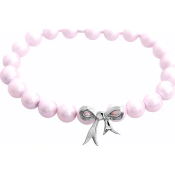 Náramek JSB bijoux s.r.o. Náramek z navlékaných růžových perel Swarovski s ocelovým přívěskem mašle