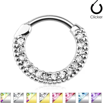Piercing Piercing do nosu a ucha z oceli - kulatý segment vykládaný drobnými zirkony, různé barvy - Tloušťka x barva piercing - barva zirkon: 1,2 mm x stříbrná - aqua modrá