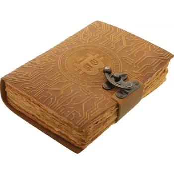 Karnevalový kostým Výprodej Kožený zápisník Bitcoin (BTC) - symbol kryptoměny, pravá kůže, kovová přezka - Outlet