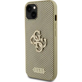 Pouzdro na mobilní telefon Guess PU Perforated 4G Glitter Metal Logo Zadní Kryt pro iPhone 15 Zlatý Ochranný kryt je kombinací PU kůže s jemnou perforací, která nejen perfektně chrání Váš telefon, ale také zdůrazňuje jeho desi