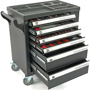 Skříňka na nářadí Pojízdný vozík s nářadím - Premium, 154 dílů, bržděná kolečka, skříňka, nářadí v karbonových vložkách, černý, 80 kg (TrueTech)