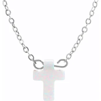 Náhrdelník JSB bijoux s.r.o. Ocelový náhrdelník s přívěskem kříže ze syntetického bílého opálu
