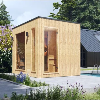 Sauna Exteriérová finská/bio sauna z thermowood – QUADRA s odpočívárnou – ve smontovaném stavu - A&M-QUADRA-ODPOCIVARNA