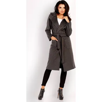 Dámský kabát Kabát s límečkem a páskem na zavazování v pase A152 Barva: Grafitová, Velikost: L