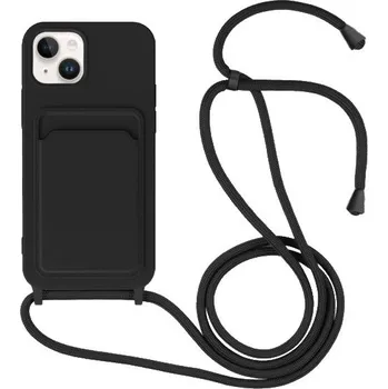 Pouzdro na mobilní telefon Silikonový kryt se šňůrkou a kapsou na karty pro iPhone 13 - černý