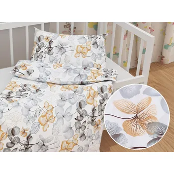 Povlečení Dětské bavlněné povlečení do postýlky Sandra SA-367 Šedo-oranžové květy na bílém Do postýlky 90x140 a 50x70 cm