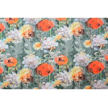 Bavlněný úplet v khaki barvě s digitálním potiskem lučních květin S1760R-3428