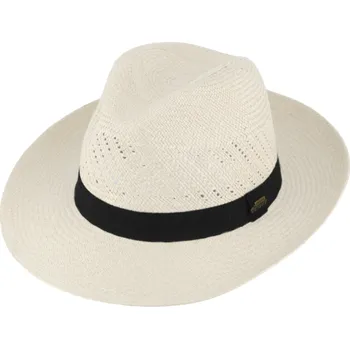 Klobouk Fiebig - Headwear since 1903 Letní panamský klobouk Fedora - ručně pletený - bílý s černou stuhou Velikost: 59 cm (L)