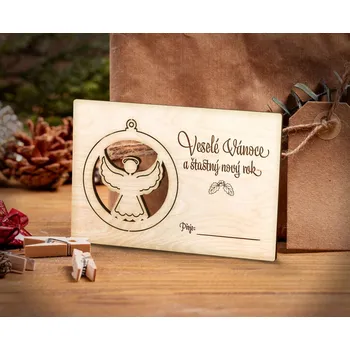Vánoční dekorace Dřevia Dřevěné Vánoční přání s vylamovací ozdobou - Anděl