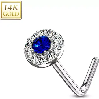 Piercing Zahnutý piercing do nosu z bílého 14K zlata - tmavomodrý zirkon lemovaný zirkony