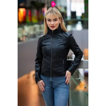 Dámská casual bunda Černá kožená bunda s límcem GWEleen Velikost XXXL