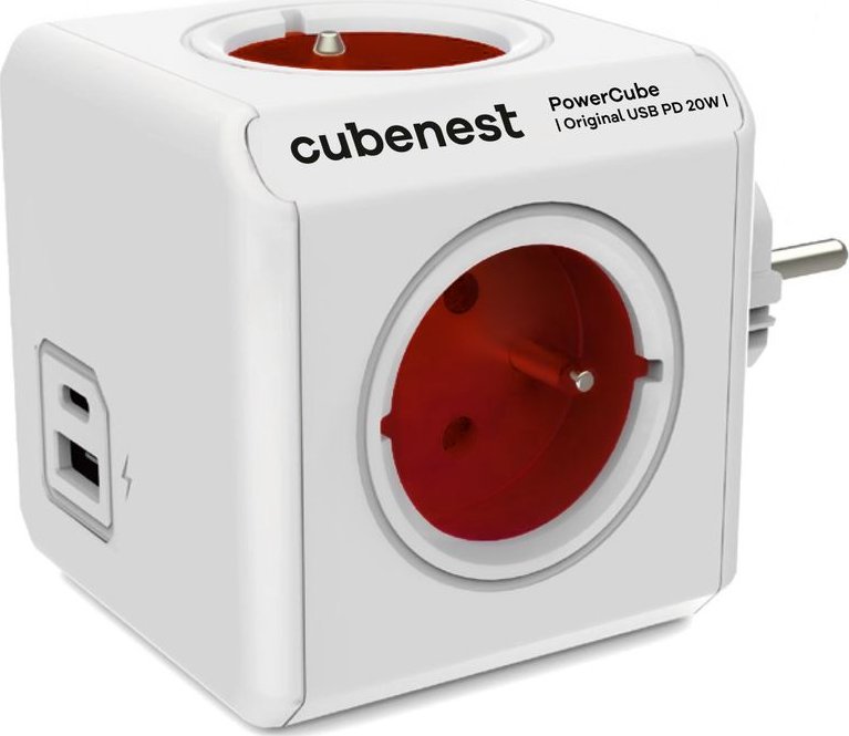 PowerCube Rozbočovací zásuvka s USB, 4× zásuvka + 1× USB-A, 1× USB-C, červená PWC-ZUSB-PD20-RD