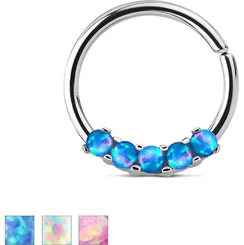 Piercing Ocelový piercing stříbrné barvy, lesklý kroužek se syntetickými opály - Barva piercing: Růžová