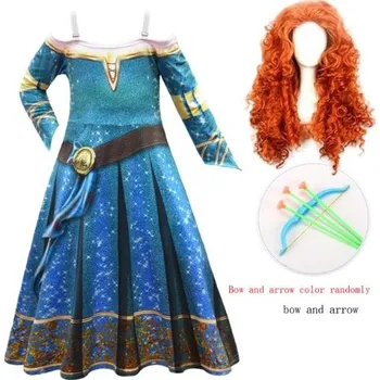 Karnevalový kostým Disney Dětský kostým, zeleno-modré šaty - Merida (Rebelka) Varianta: šaty + paruka + luk, Velikost: 130/6 let