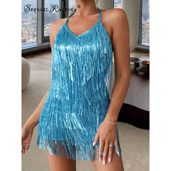 Dámský overall Mini sexy overal s třásněmi a odhalenými zády Barva: Modrá, Velikost: L