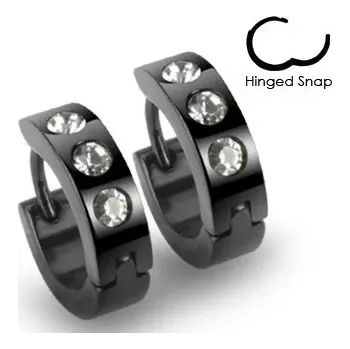 Náušnice Kloubové náušnice - ocel 316L, černý hladký povrch, trojice čirých zirkonků, 13 mm