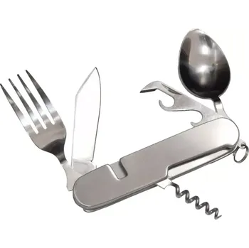Kempingové nádobí Skládací příborový set TRAMP (Turistický rozkládací 4 dílný jídelní příborový set ve tvaru klasického zavíracího nože + přepravní pouzdro.)