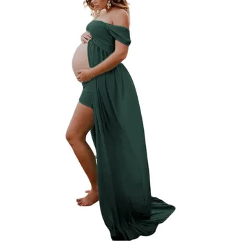 Dámské šaty Maxi šaty pro těhotné s odhalenými rameny Barva: Zelená, Velikost: XL