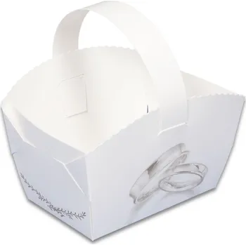 Krabička na výslužku Hit office Svatební košíček na koláčky se snubními prstýnky 50 ks 9 cm x 6 cm základna košíčku 7,5 cm výška košíčku 12 cm celková výška s ouškem