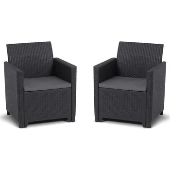Zahradní nábytek 2x umělé ratanové zahradní křeslo s poduškou tmavě šedé - grafit
