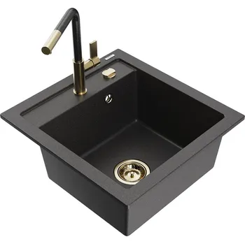Kuchyňský dřez Mexen Vito 1-miskový granit dřez s kuchyňskou baterií Flora, černá 6503-76-670401-75-G