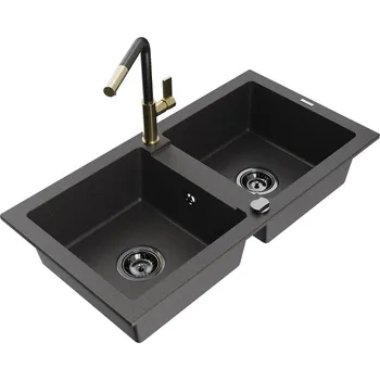 Mexen Mario 2miskový granit dřez s kuchyňskou baterií Flora, černá 6504-76-670401-75-B