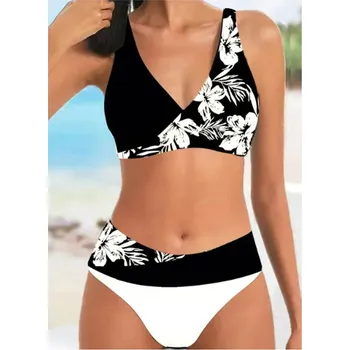 Dámské plavky Dámské plavky dvojdílné "Plus Size" (XS-5XL) s květinovým potiskem Barva: Bílá, Velikost: XXXL