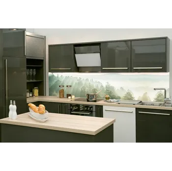 Fototapeta DIMEX | Fototapeta do kuchyně Sluneční paprsky nad lesem KI-260-196 | 260 x 60 cm | zelená, bílá, krémová + Samolepicí fototapeta za kuchyňskou linku DIMEX Sluneční paprsky nad lesem v šíři 260 cm