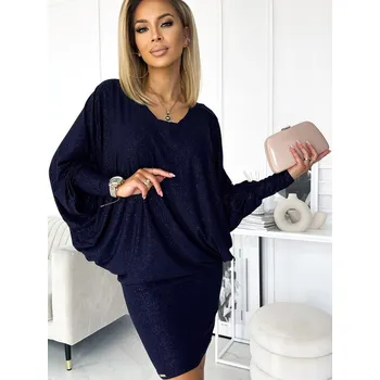 Dámské šaty Netopýří třpytivé šaty s výstřihem 402-1 tmavě-modré, VELIKOST L/XL