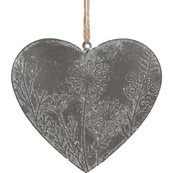 Šedé antik plechové ozdobné závěsné srdce s květy - 11*2*10 cm