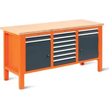 Dílenský stůl Dílenský stůl TECHNO Light, šířka 1765 mm, 11 zásuvek, 2 skříňky, barva oranžová RAL2004/antracit RAL7016.
