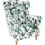 Kondela Křeslo ušák, látka vzor listí - nožičky dřevěné, CHARLOT