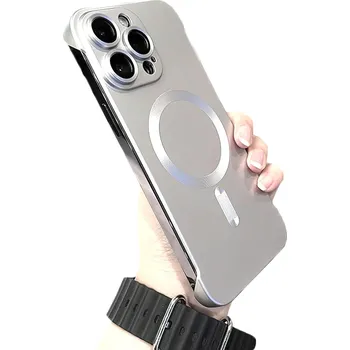Pouzdro na mobilní telefon Ultratenký bezrámečkový metalický kryt Magsafe se sklem na fotoaparát pro iPhone 15 Pro Barva: Stříbrná