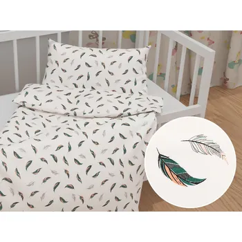 Povlečení Dětské bavlněné povlečení do postýlky Sandra SA-460 Zeleno-růžová pírka na bílém Do postýlky 90x140 a 50x70 cm