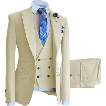 Luxusní svatební oblek na svatbu s dvouřadou vestou Barva: Khaki, Velikost: XL