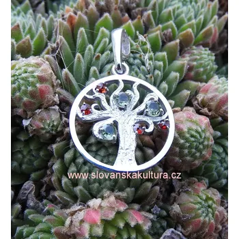 Přívěsek Stříbrný přívěsek s granáty a vltavíny - Strom Života Rhodiování: Bez Rhodia